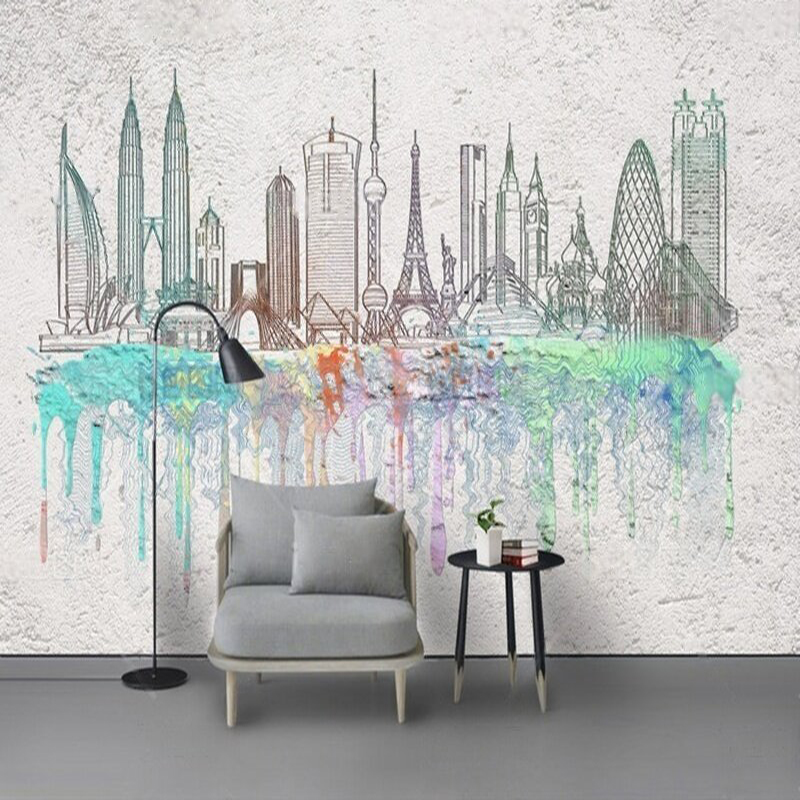 Commercial Wallpaper Printing - Siluetas de ciudad de acuarela modernas,